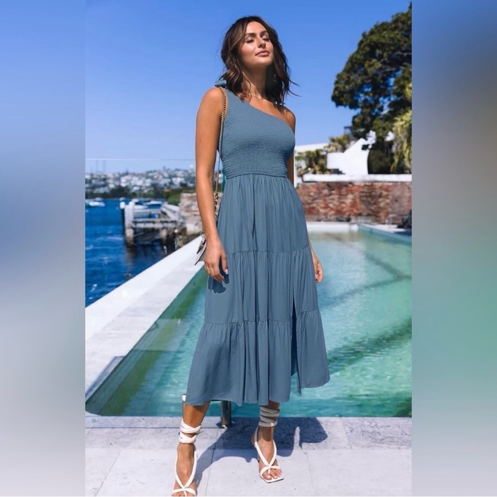 Merokeety Smocked Elegant Blue One-Shoulder Dress(RSB 10)  EUC- Medium 14-19 PTP - Picture 3 of 8